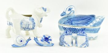 SIX BLUE & WHITE CERAMIC ANIMAL DECORATIVE PIECES / SHAKERS