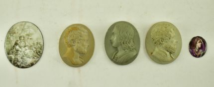 THREE VICTORIAN LAVA CAMEOS & TWO ENAMELLED PLAQUES