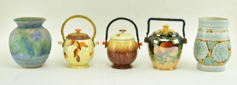 THREE VINTAGE ART DECO MYOTT BISCUIT JARS & 2 DANESBY VASES