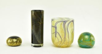 TWO VINTAGE ISLE OF WIGHT GLASS VASES & TWO PAPERWEIGHTS