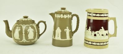 THREE 19TH CENTURY JASPERWARE CERAMIC JUGS / TEA POTS