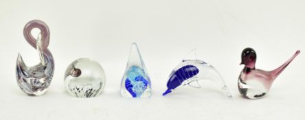 FIVE VINTAGE MID CENTURY GLASS PAPERWEIGHTS