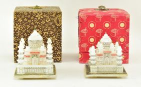 2 MID CENTURY BOXED SOUVENIR WHITE MARBLE CARVED TAJ MAHALS