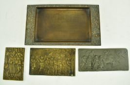 THREE EARLY 20TH CENTURY BRASS & BRONZE PLAQUES & A TRAY