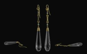 Art Nouveau Attractive Pair of 15ct Gold Rock Crystal and Seed Pearl Set Drop Earrings. Marked