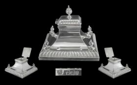 Late Victorian Superb Sterling Silver Square Shaped Ink Well with Reeded Borders, Complete with