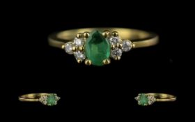 Ladies Petite 18ct Gold Emerald and Diamond Set Dress Ring. Full Hallmark for 750 - 18ct to Interior