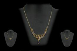Art Nouveau - Ladies Stylish 15ct Gold Amethyst Set Open Worked Pendant Drop within Integral 15ct