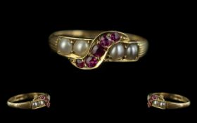 Antique Period - Attractive 18ct Gold Ruby and Seed Pearl Set Ladies Dress Ring. Full Hallmark to