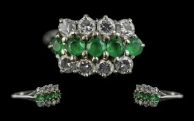 18ct White Gold Attractive 3 Row Diamond and Emerald Set Ring. Pleasing Design / Nice Quality.