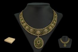 Indian 22ct Gold Gem Set Necklace & Pendant, set with diamonds and emeralds. Broad collar set with a