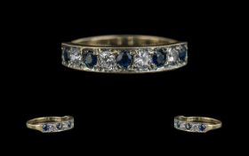 Ladies Attractive Seven Stone 9ct Gold, Diamond And Sapphire Set Ring - Full Hallmark To Shank.