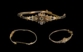 Antique Attractive Ladies 9ct Gold Ornate Bangle, hinged, set with Sapphires and Diamonds. Marked