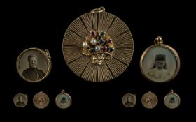 A Ladies Superb 9ct Gold Gem Set Circular Pendant with Basket of Flowers to Centre. Set with Rubies,