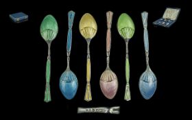 A Superb 1950's Harlequin Box Set of Six Sterling Silver & Enamel Coffee Spoons, various enamel