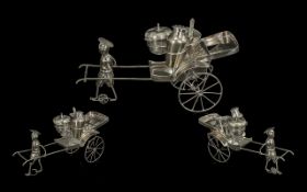 Novelty Large Chinese Silver Cruet Set. Chinese Gentleman Pulling a Kart, Carrying Salt, Pepper etc.
