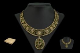 Indian 22ct Gold Gem Set Necklace & Pendant, set with diamonds and emeralds. Broad collar set with a
