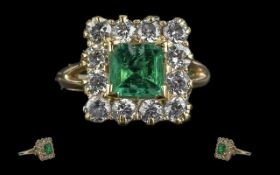 Antique Period Superb Quality 18ct Gold Emerald and Diamond Set Dress Ring - Of Square Form The