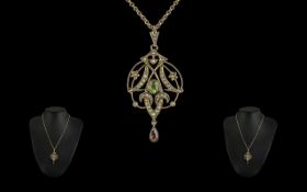 Antique Period - Attractive 9ct Gold Peridot, Seed Pearl and Tear Drop Garnets, Set Pendant with
