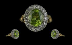 Antique Period - Superb 18ct Gold Peridot and Diamond Set Cluster Ring. Indistinct Mark, Tests