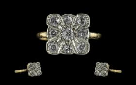 Ladies - Pleasing 1920's 18ct Gold and Platinum - Exquisite Diamond Set Cluster Ring, of Square