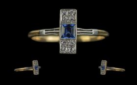 Art Deco Period Exquisite Blue Sapphire and Diamond Set Ring - Of Pleasing Design. Marked 18ct To