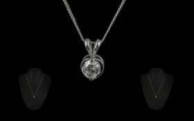 18ct White Gold - Superior Single Stone Diamond Set Pendant with Attached 18ct White Gold Chain.