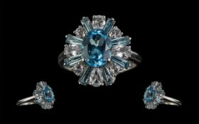 Ladies 18ct White Gold Superb Quality Diamond and Aquamarine Set Dress Ring,