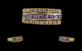 18ct Gold - Excellent and Well Made Diamond and Amethyst Set Dress Ring,