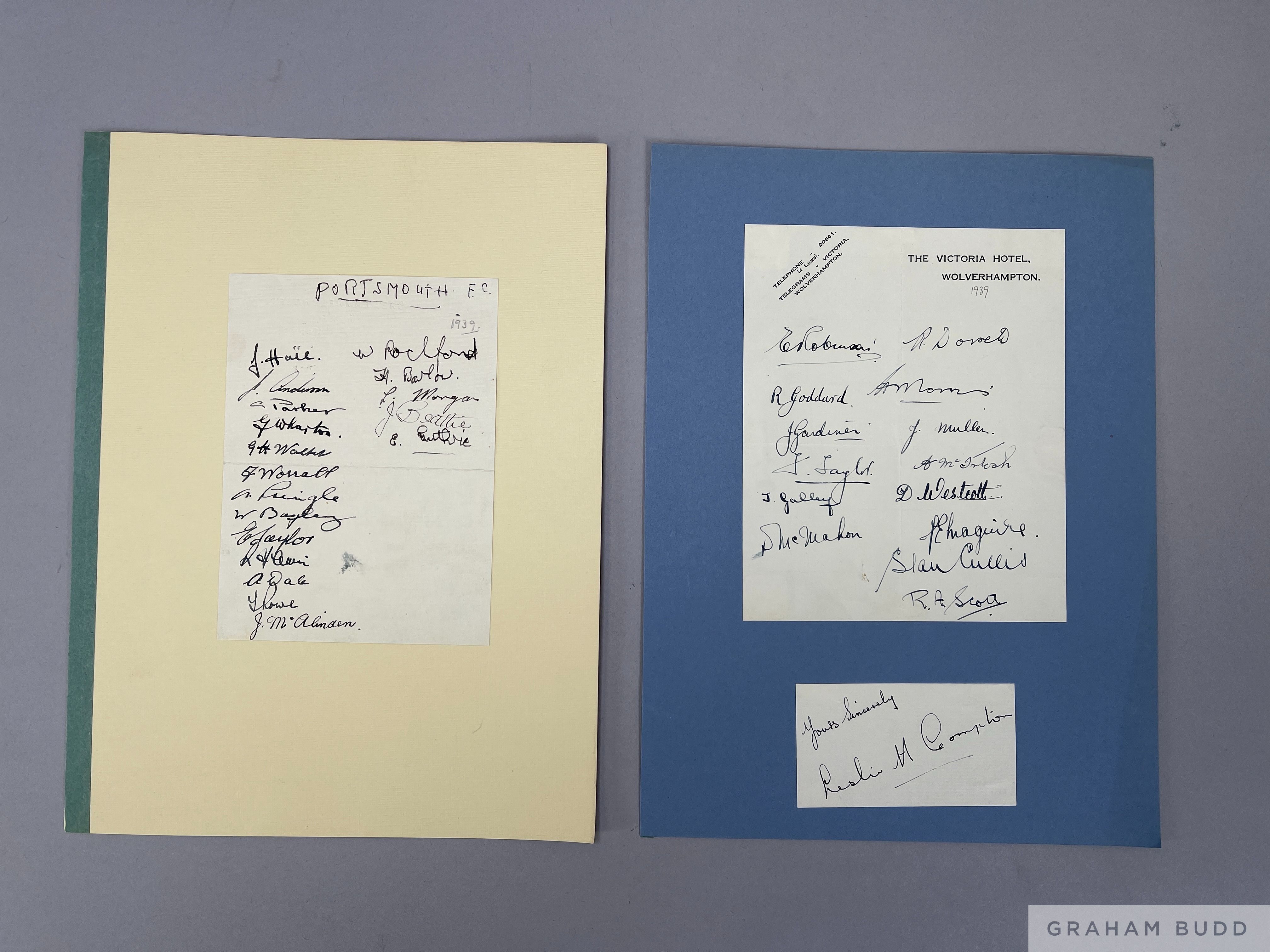 Autographs re: 1939 Cup Final Portsmouth v Wolverhampton Wanderers