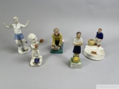 A crested Arcadian ash tray and match holder modelled as a Chelsea footballer