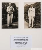 Two tennis b&w photographs of Fred Perry with typed tennis record legend below,