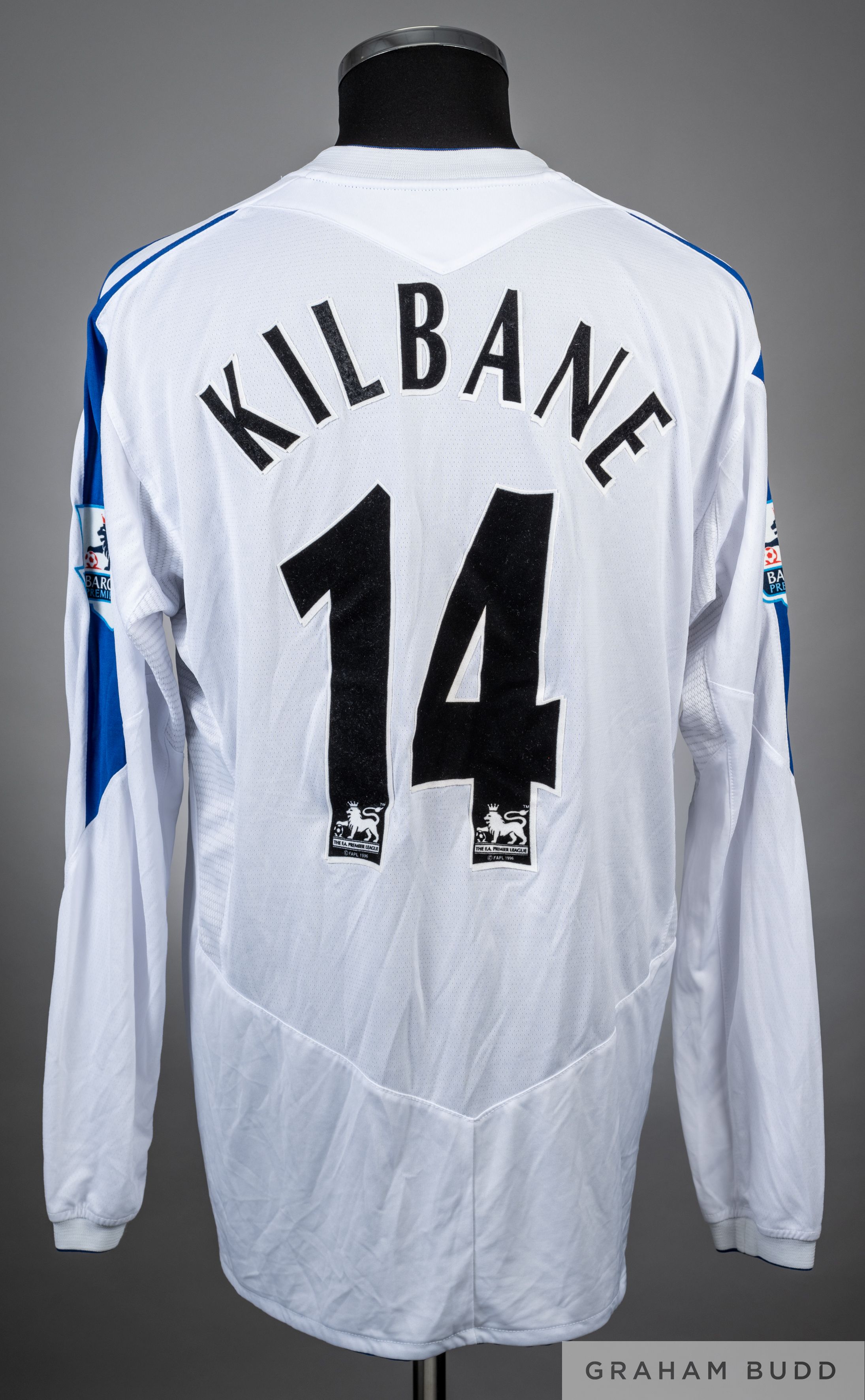 Kevin Kilbane white and blue No.14 Everton long-sleeved shirt, 2004-05 - Image 2 of 2