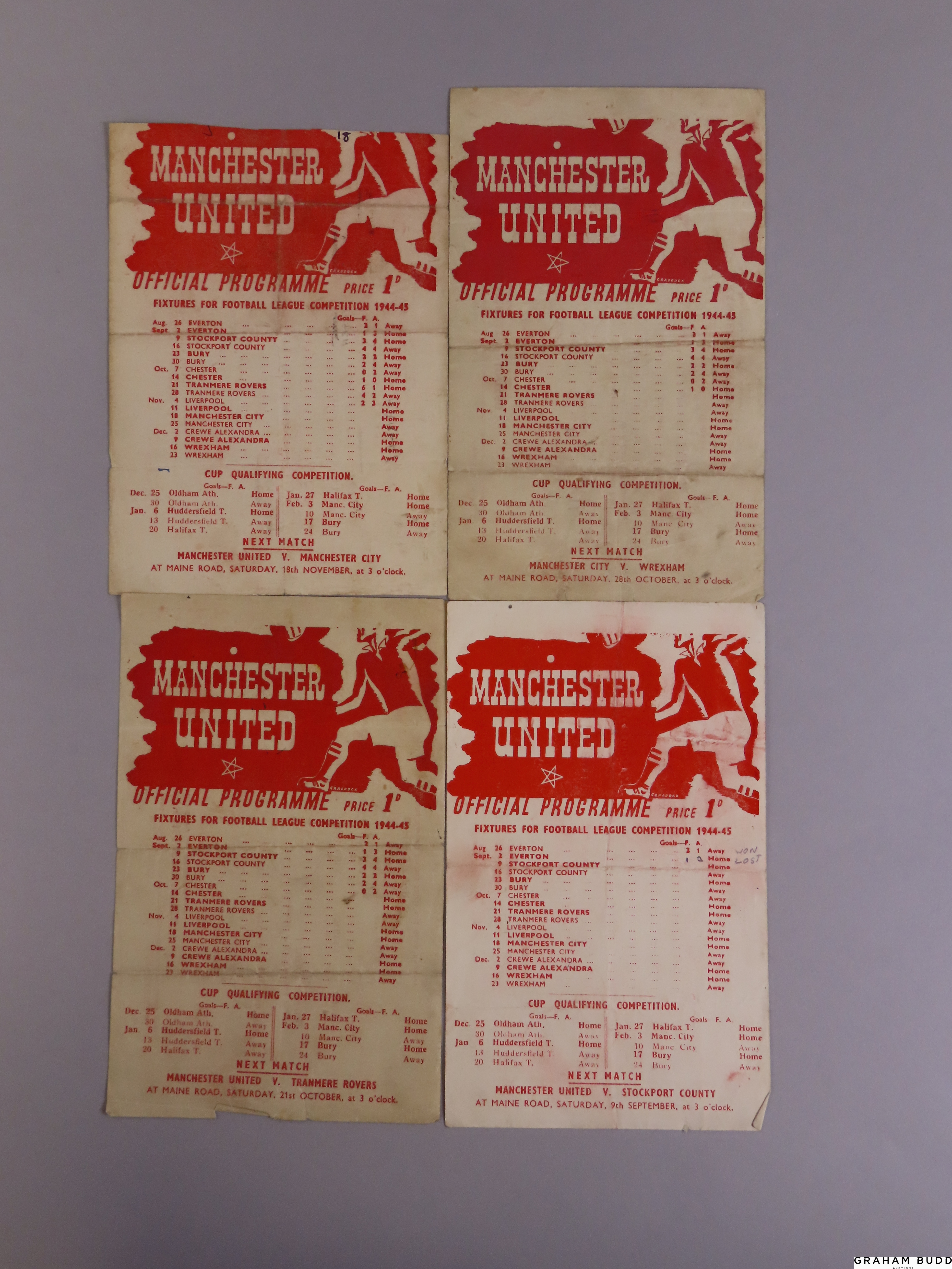 Four Manchester United single-sheet wartime match programmes, 1944-45