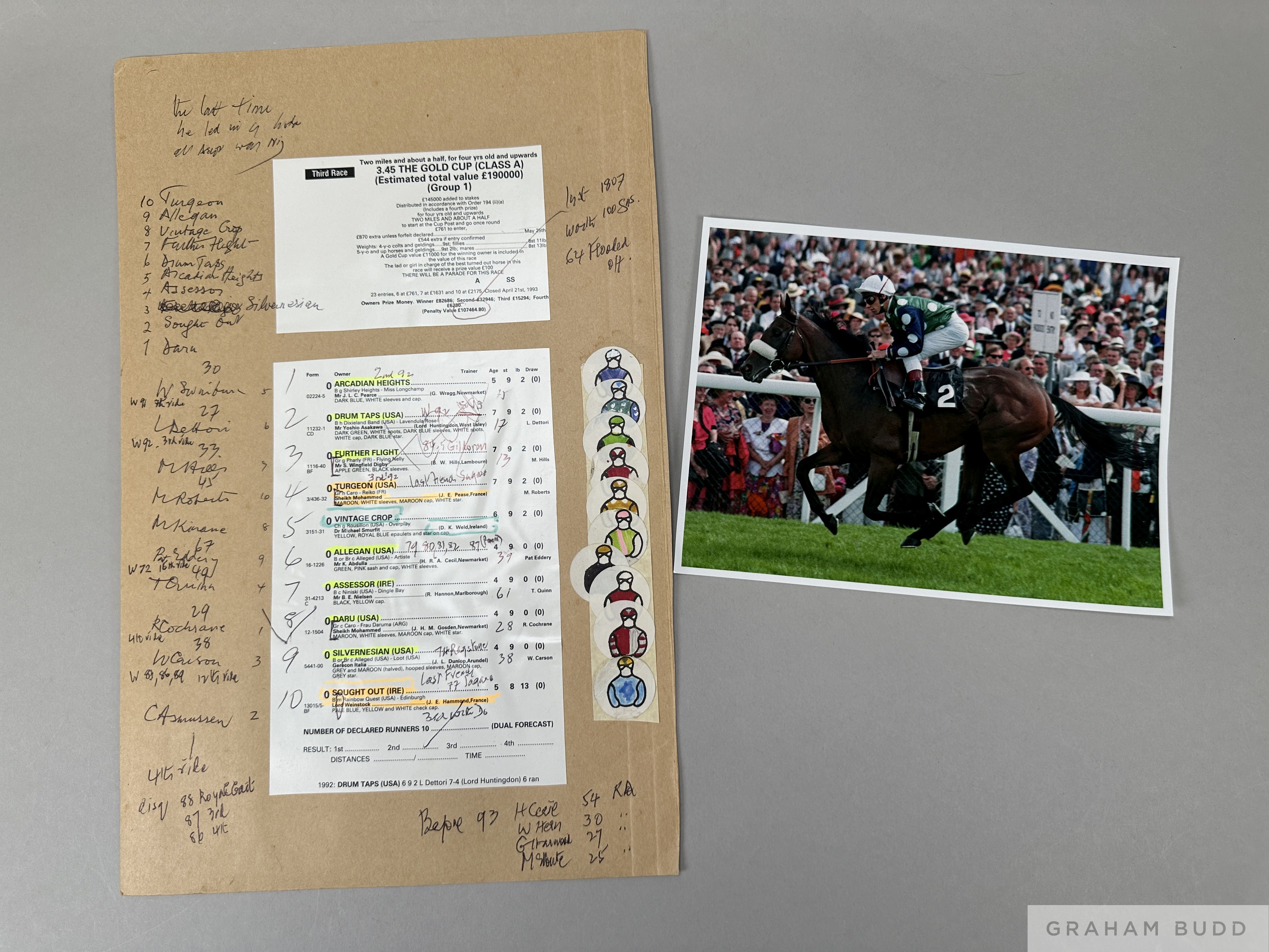 Sir Peter O'Sullevan's BBC commentary card for the 1993 Gold Cup at Royal Ascot won by Drum Taps