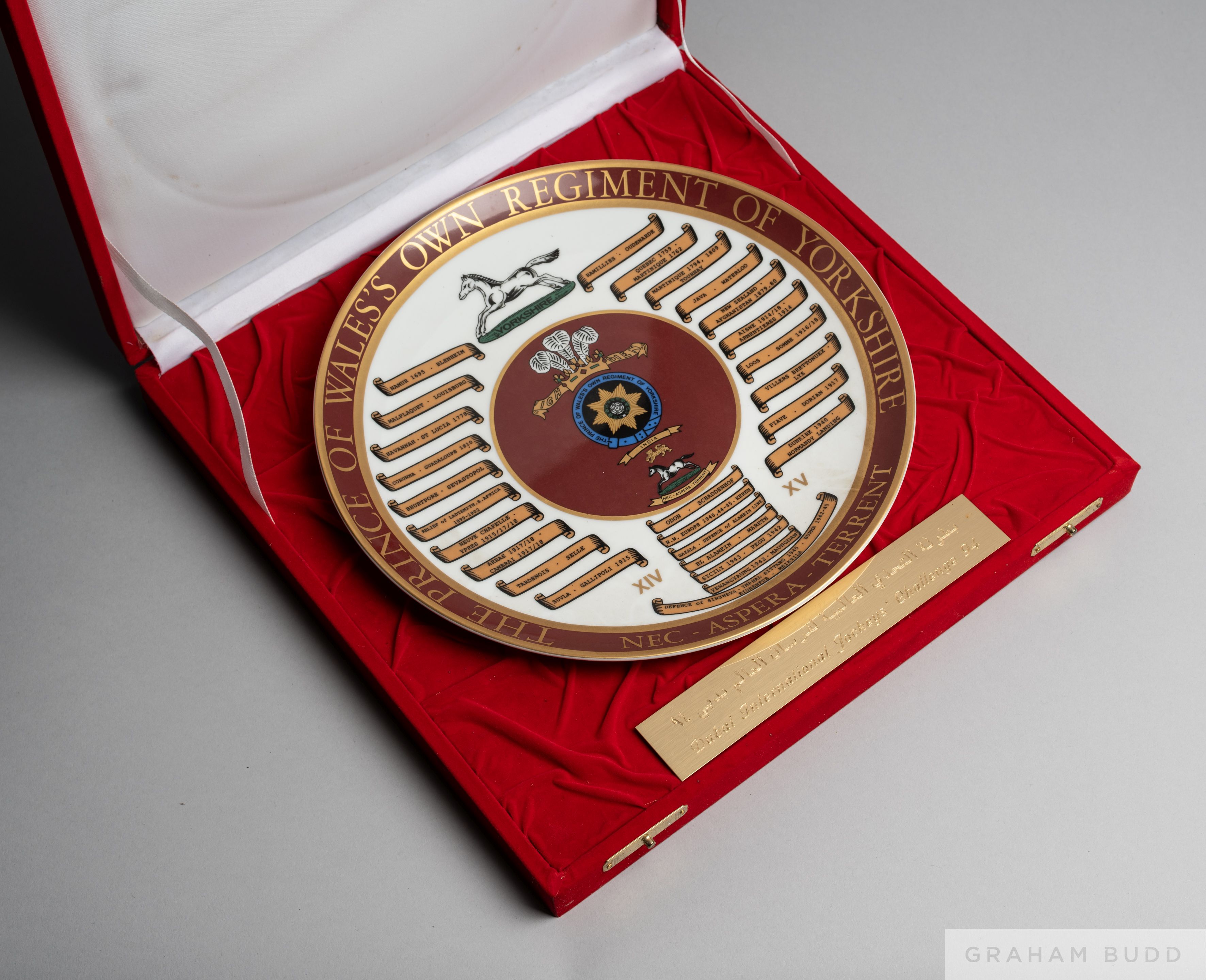 Memorabilia from the 1994 Dubai International Jockeys' Challenge including a trophy presented to Pat