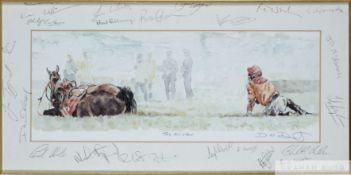 David Dent horse racing print bearing autographs of jump jockeys to the mount,