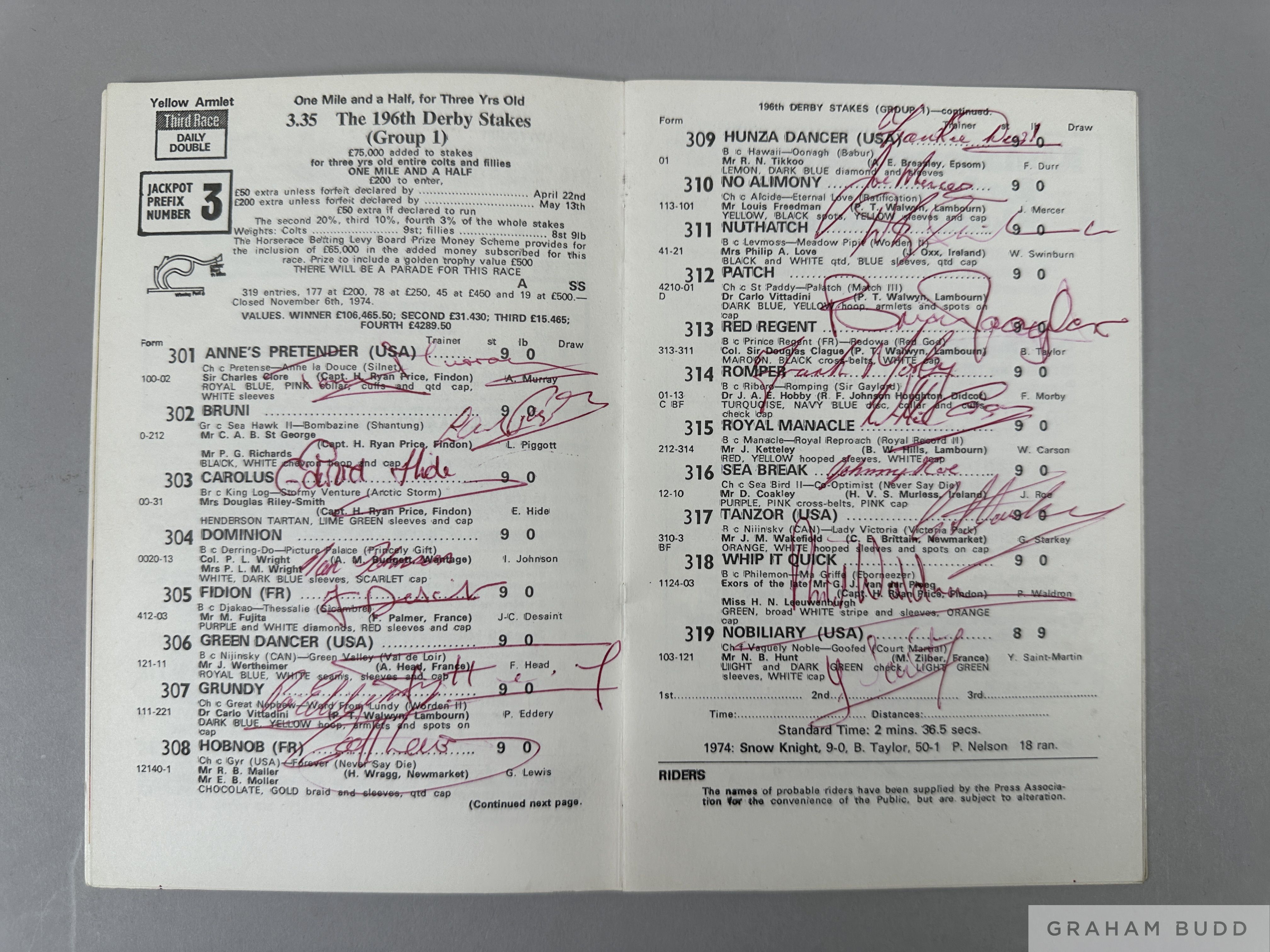 Grundy and the 1975 Derby: a racecard fully-signed