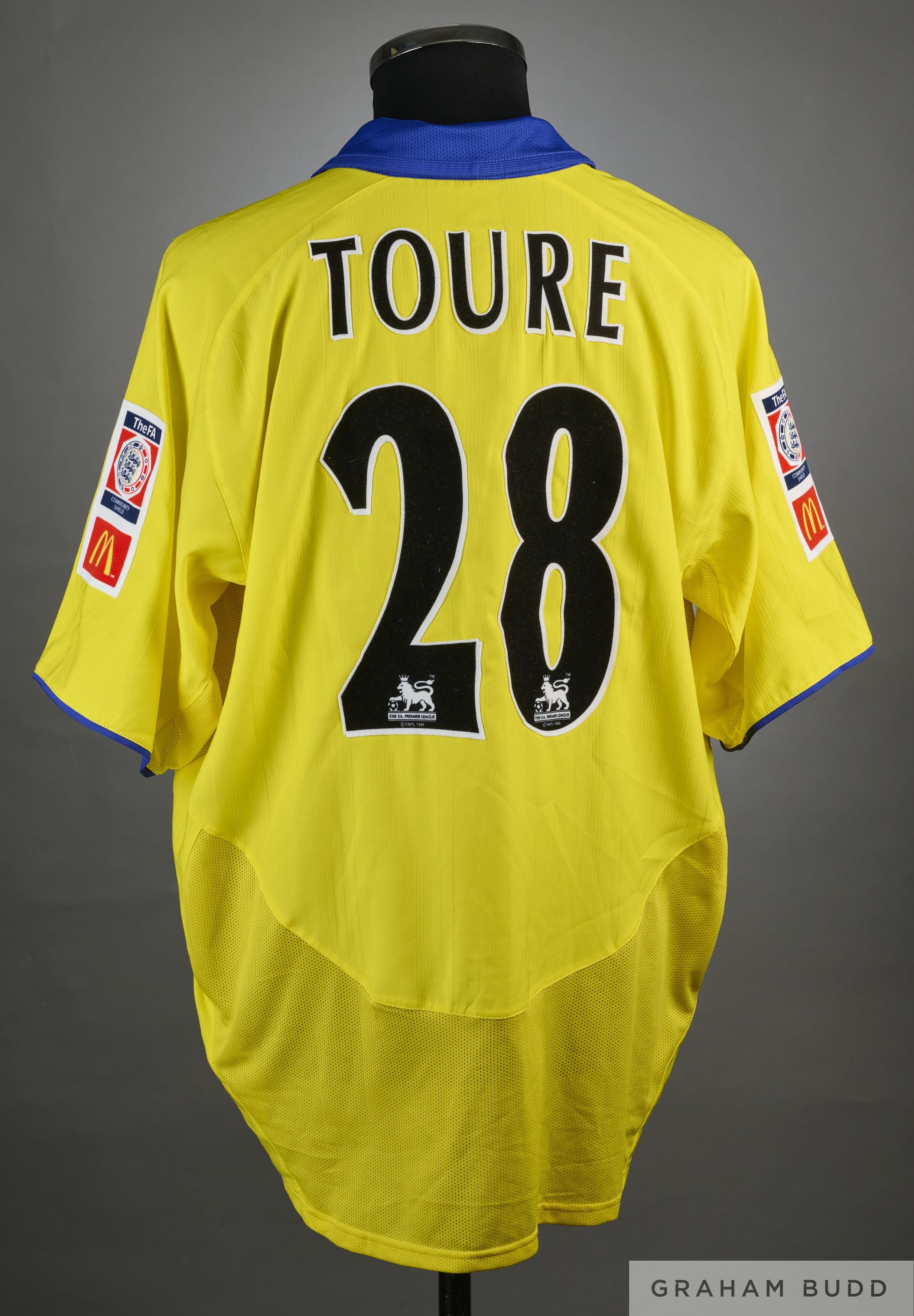Kolo Toure yellow and blue No.28 Arsenal 2003 Community Shield short-sleeved shirt - Image 2 of 3