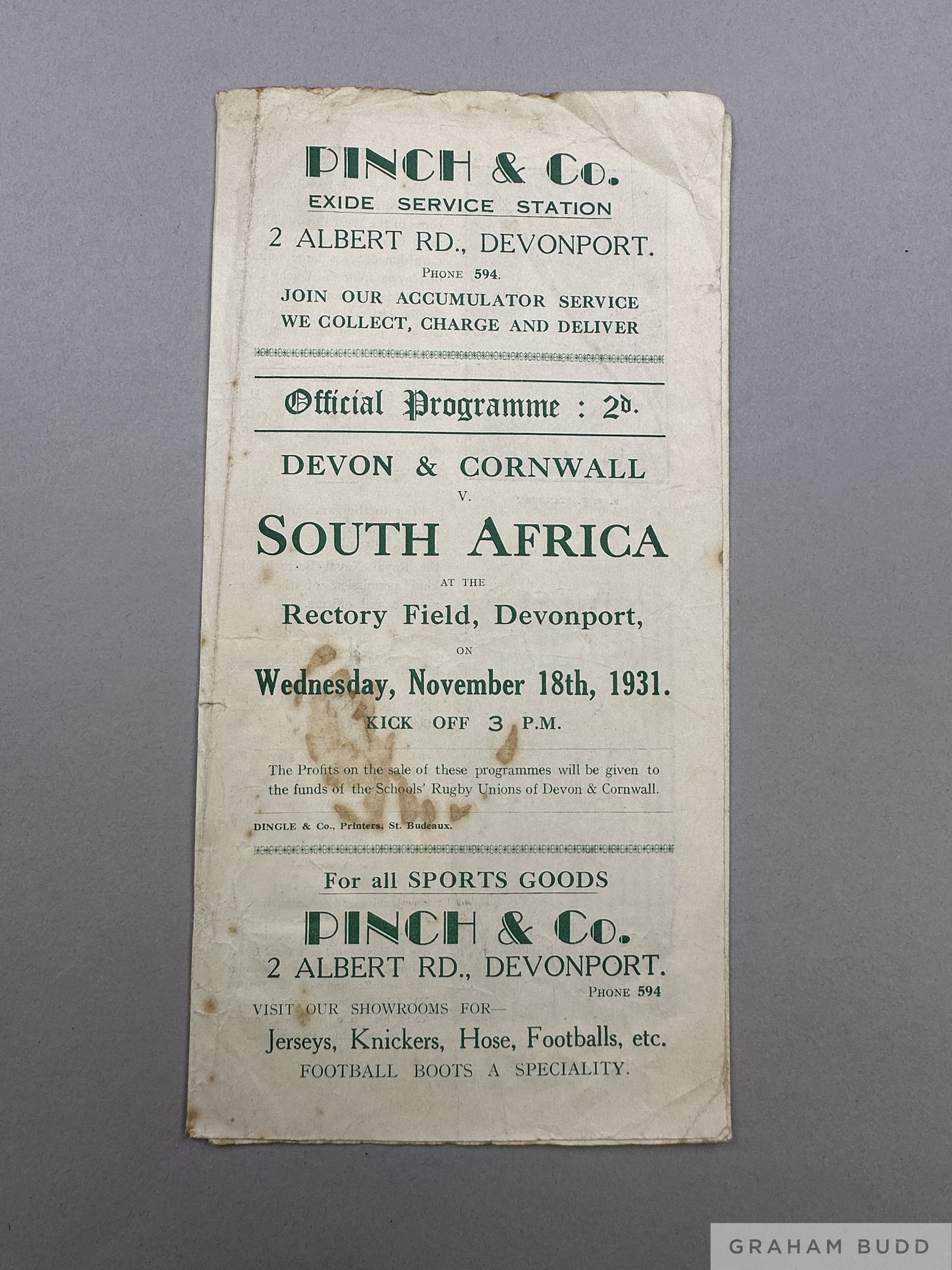 Rare Devon & Cornwall v South Africa rugby programme, 18th November 1931