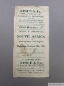 Rare Devon & Cornwall v South Africa rugby programme, 18th November 1931