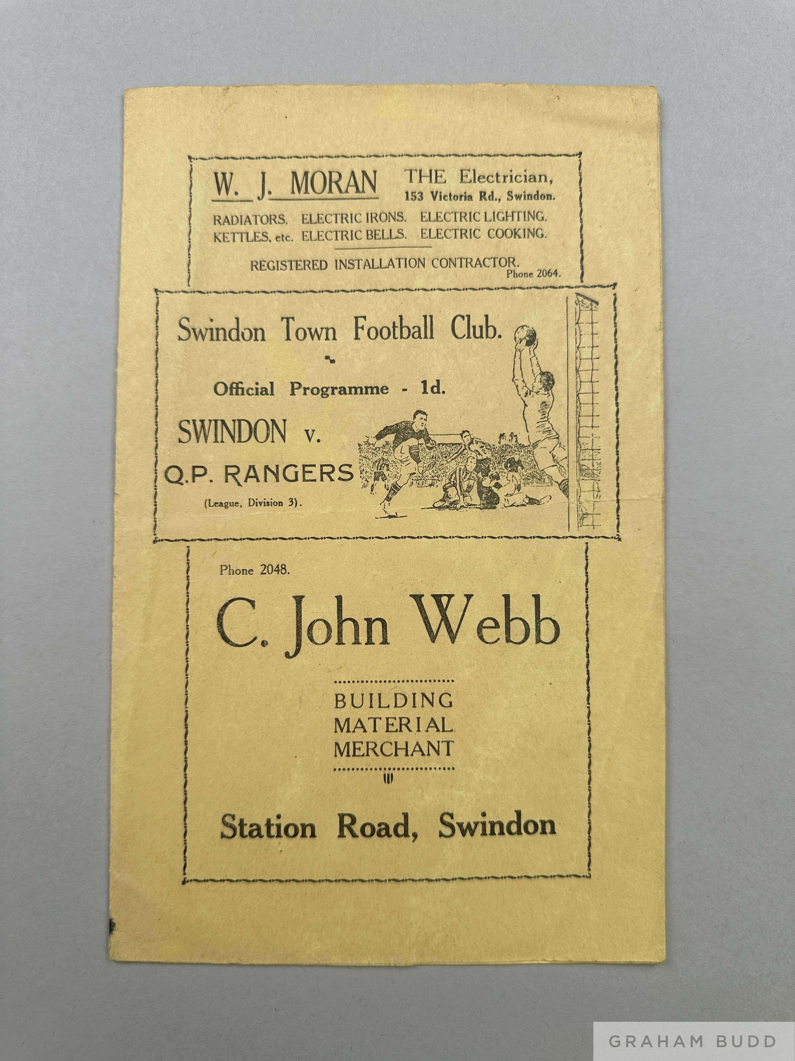 Swindon Town v. Queen's Park Rangers match programme, 28th December 1937