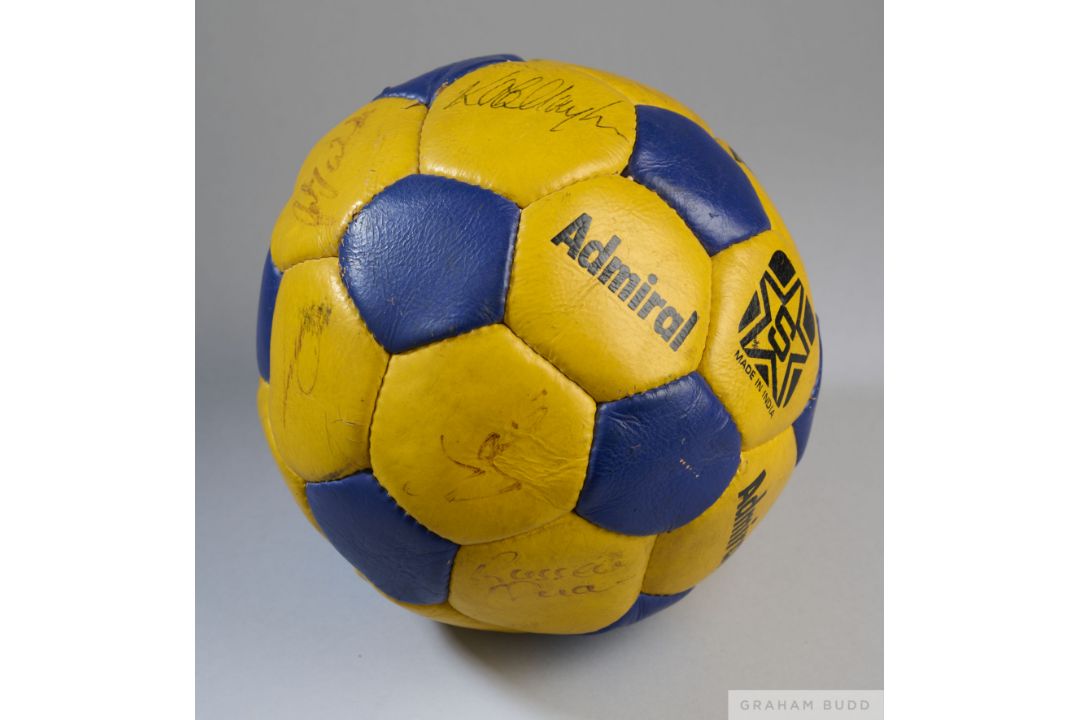 Blue and yellow Admiral leather football autographed by member of the Escape to Victory cast