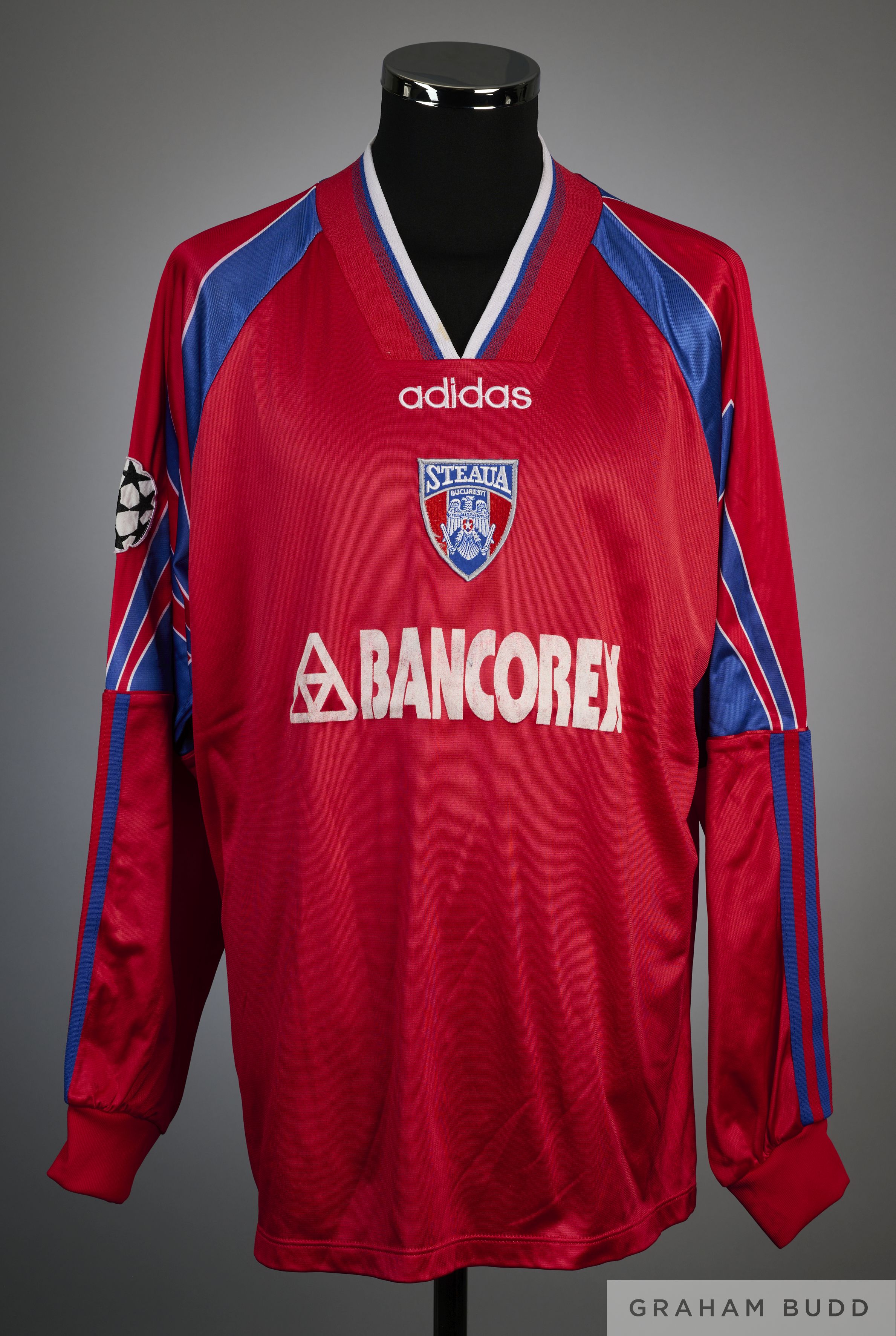 Marius Lacatus red, blue and white No.7 Steaua Bucharest match worn long-sleeved shirt