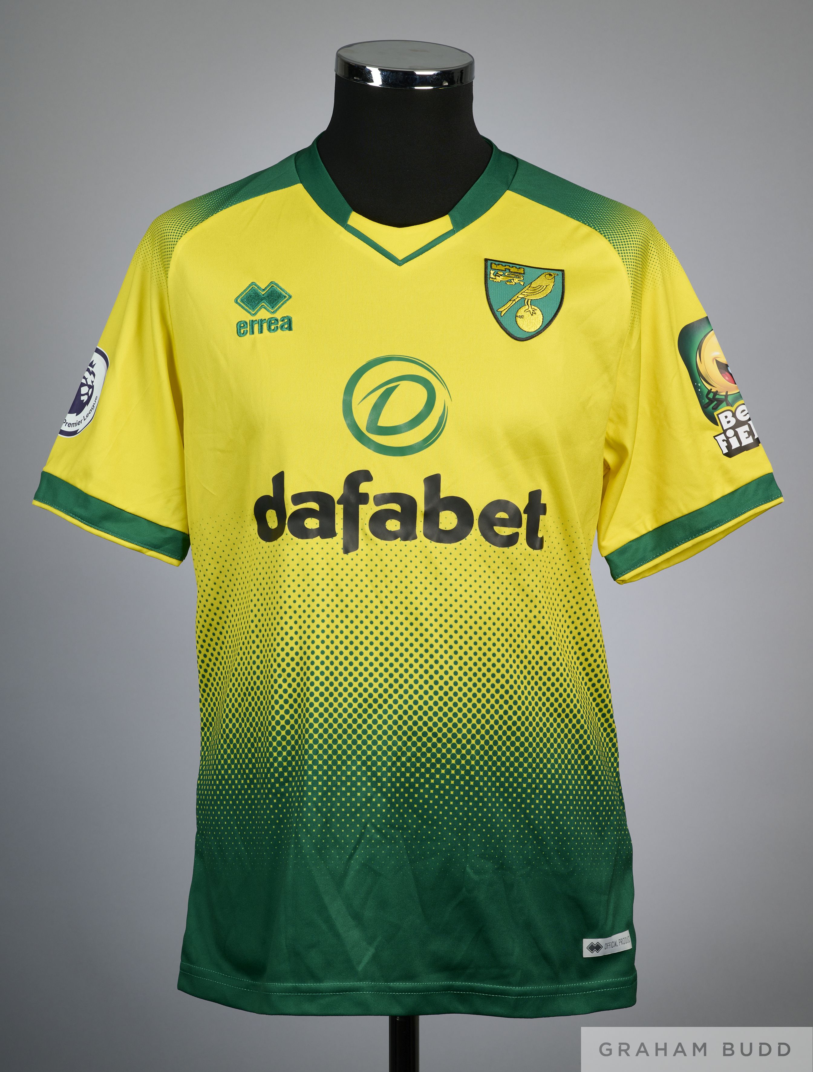Josep Drmic yellow no.20 match issue short sleeved Norwich City home shirt