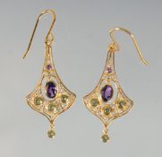 A PAIR OF SILVER AND GOLD PLATED AMETHYST, DIAMOND AND PERIDOT DROP EARRINGS