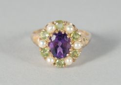 A GOOD 9ct. GOLD PEARL, AMETHYST, AND PERIDOT CLUSTER RING.