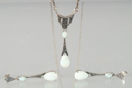 A PAIR OF SILVER AND OPAL DROP EARRINGS AND PENDANT.