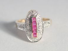 A 9ct. GOLD RUBY AND DIAMOND DECO STYLE RING.