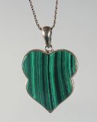 A SILVER MALACHITE LOCKET PENDANT AND CHAIN.
